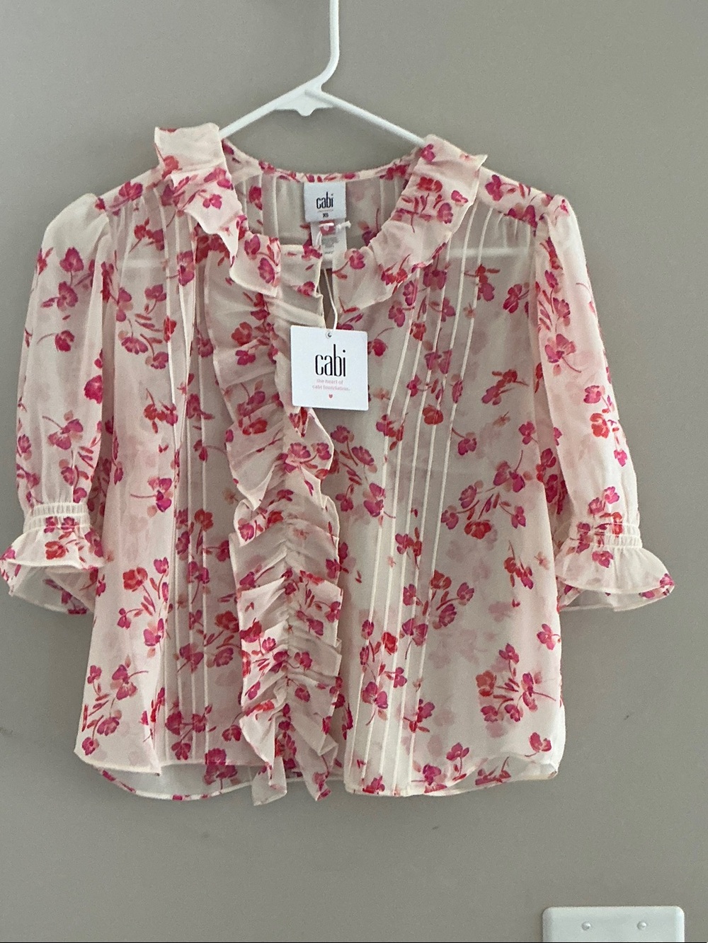 CAbi Pink Floral Ruffle Front Blouse